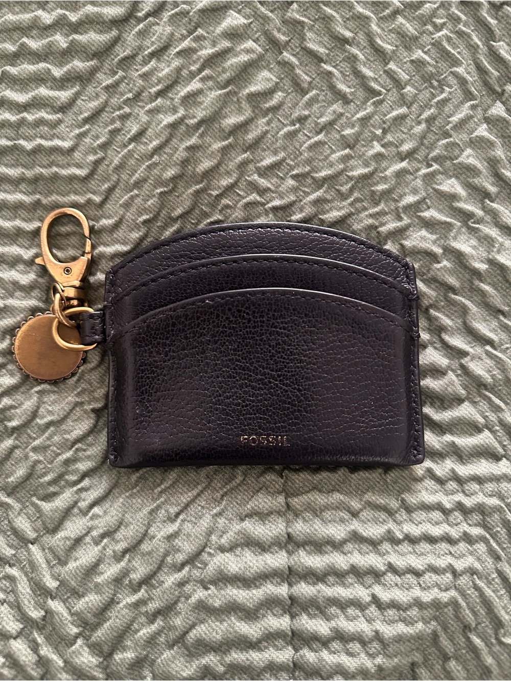 Fossil Black Leather Card Holder with Gold Keychain
